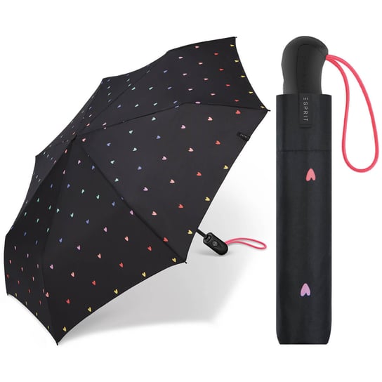 Mocna automatyczna parasolka Esprit, czarna w kolorowe serduszka Esprit
