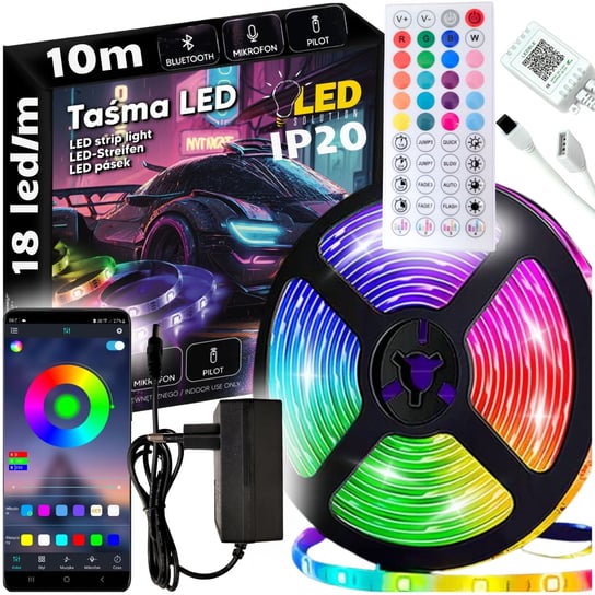 MOCNA TAŚMA LED RGB KOLOROWA WODOODPORNA 10M APLIKACJA BLUETOOTH PILOT Zolta