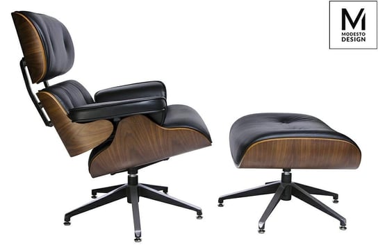 MODESTO fotel LOUNGE z podnóżkiem czarny - sklejka orzech, skóra ekologiczna Modesto Design