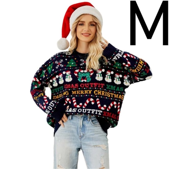 Modny Ciepły Sweter Świąteczny Oversize Świąteczne Wzory Choinki Śnieżynki - M Inna marka