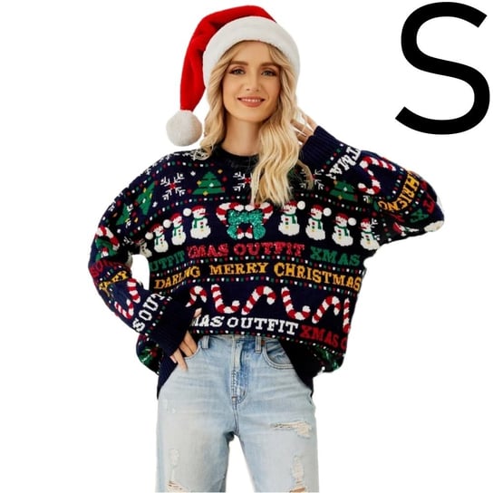 Modny Ciepły Sweter Świąteczny Oversize Świąteczne Wzory Choinki Śnieżynki - S Inna marka