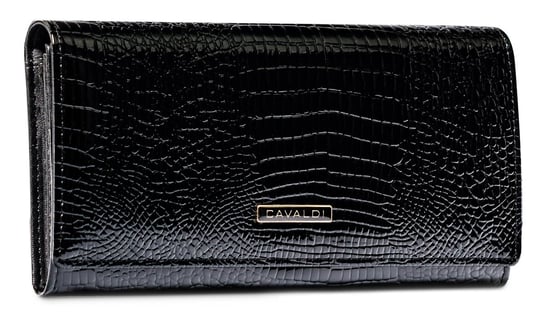 Modny portfel damski skóra krokodyla lakierowana skóra naturalna duży portfel na karty Cavaldi, czarny 4U CAVALDI