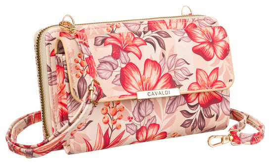 Modny torebko-portfel torebka damska crossbody portfel i kieszonka na telefon skóra ekologiczna w kwiaty Cavaldi, różnokolorowy czerwony 4U CAVALDI
