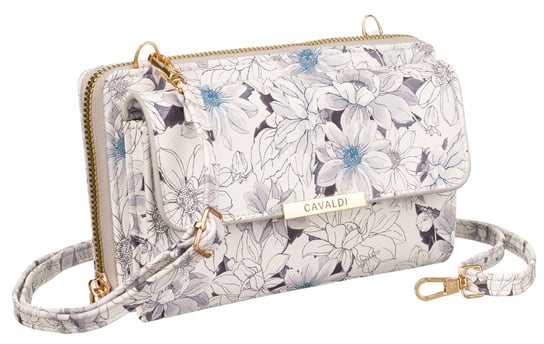 Modny torebko-portfel torebka damska crossbody portfel i kieszonka na telefon skóra ekologiczna w kwiaty Cavaldi, różnokolorowy niebieski 4U CAVALDI