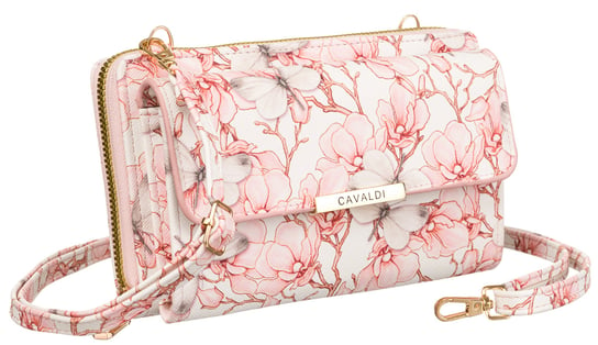 Modny torebko-portfel torebka damska crossbody portfel i kieszonka na telefon skóra ekologiczna w kwiaty Cavaldi, różnokolorowy różowy 4U CAVALDI