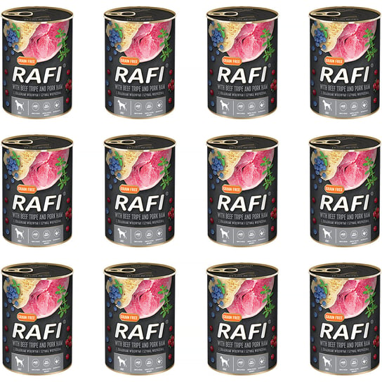 Mokra karma dla psa RAFI z żołądkami wołowymi i szynką zestaw w puszkach 12 x 400 g Rafi