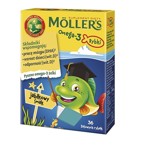Moller's Omega-3 Rybki Żelki z kwasami omega-3 i witaminą d3 dla dzieci jabłkowe 36szt. Suplement diety Moller's