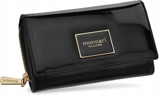 Monnari lakierowany portfel damski na zamek pojemny czarny portmonetka MONNARI