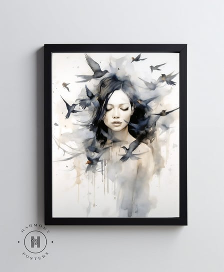 Monochromatyczny portret kobiety z ptakami - 50x70 cm - Bez ramy Harmony Posters