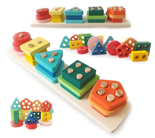 Montessori Układanka Sensoryczna Sorter Drewniana Piramidki Happy Kiddo
