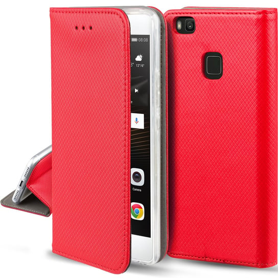 Moozy Case Flip Cover do Huawei P9 Lite, czerwony - Inteligentne magnetyczne etui z klapką z uchwytem na kartę i stojakiem MOOZY