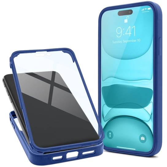 Moozy Etui 360 stopni doiPhone’a 14 Pro – przezroczyste etui z niebieską obwódką, dwustronna ochrona całego korpusu, etui z wbudowanym zabezpieczeniem ekranu MOOZY