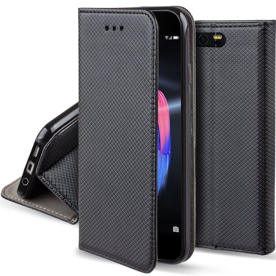 Moozy Etui z klapką do Huawei Honor 9, czarne - Inteligentne etui z klapką magnetyczną z uchwytem na kartę i stojakiem MOOZY