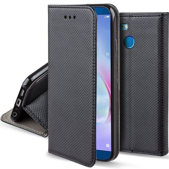 Moozy Etui z klapką do Huawei Honor 9 Lite, czarne - Inteligentne etui z klapką magnetyczną z uchwytem na kartę i stojakiem MOOZY