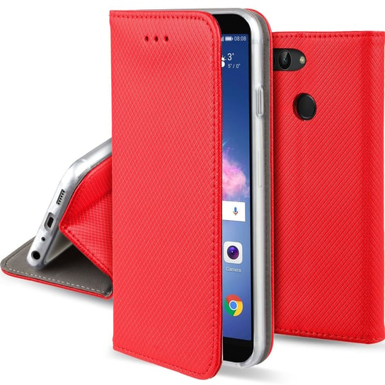 Moozy Etui z klapką do Huawei P Smart, czerwone - Inteligentne etui z klapką magnetyczną z uchwytem na kartę i stojakiem MOOZY