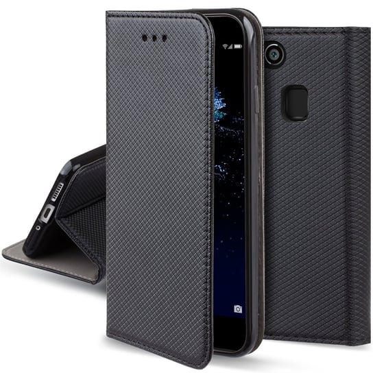 Moozy Etui z klapką do Huawei P10 Lite, czarne - Inteligentne etui z klapką magnetyczną z uchwytem na kartę i stojakiem MOOZY
