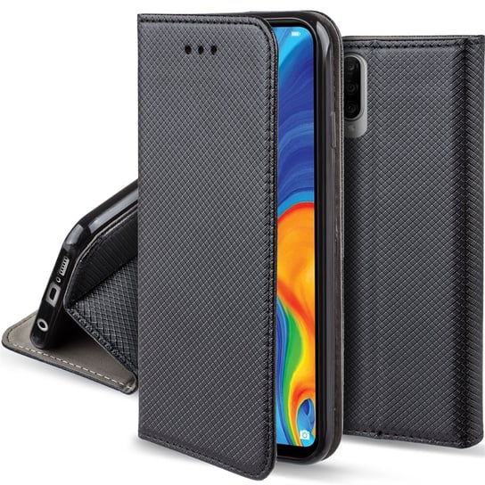 Moozy Etui z klapką do Huawei P30 Lite, czarne - Inteligentne etui z klapką magnetyczną z uchwytem na kartę i stojakiem MOOZY