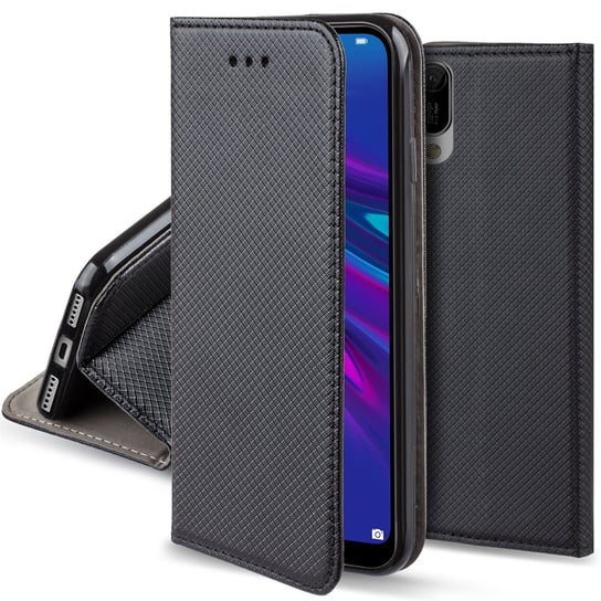 Moozy Etui z klapką do Huawei Y6 2019, czarne - Inteligentne etui z klapką magnetyczną z uchwytem na kartę i stojakiem MOOZY