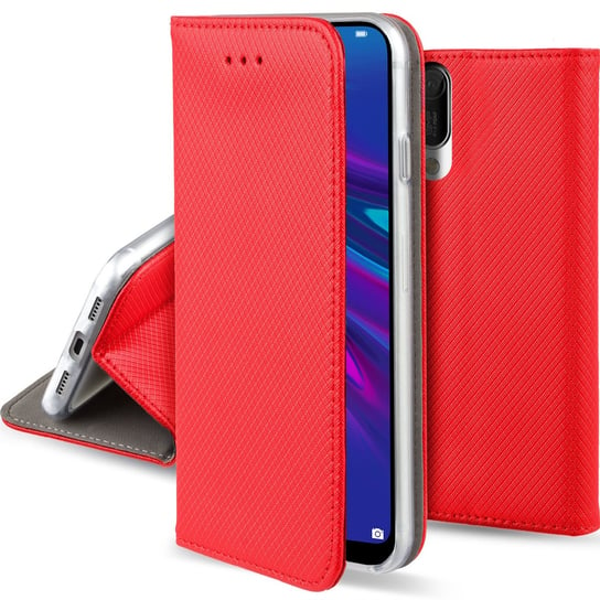 Moozy Etui z klapką do Huawei Y6 2019, czerwone - Inteligentne etui z klapką magnetyczną z uchwytem na kartę i stojakiem MOOZY