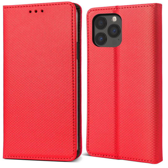 Moozy Etui z klapką do iPhone'a 13 Pro Max, czerwone - Inteligentne etui z klapką magnetyczną Etui z klapką Folio z uchwytem na kartę i stojakiem, przegródkami na karty kredytowe, funkcją podpórki MOOZY