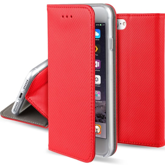Moozy Etui z klapką do iPhone'a SE 2020, iPhone'a 7, iPhone'a 8, czerwone - Inteligentne etui z klapką magnetyczną z uchwytem na kartę i stojakiem MOOZY