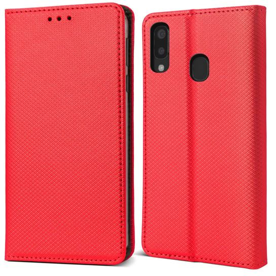 Moozy Etui z klapką do Samsung A20e, czerwone - Inteligentne etui z klapką magnetyczną z uchwytem na kartę i stojakiem MOOZY