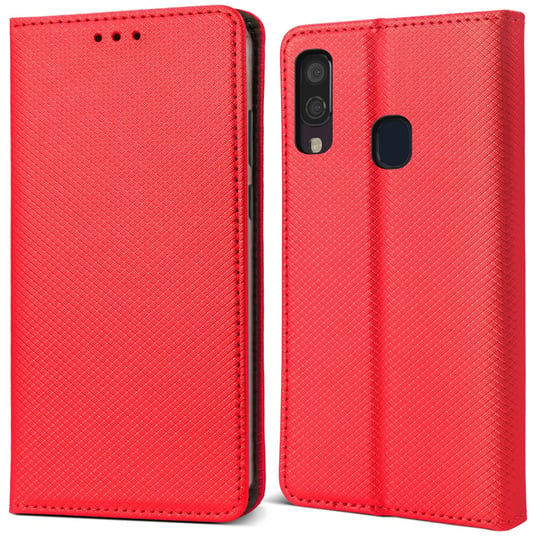 Moozy Etui z klapką do Samsung A40, czerwone - Inteligentne etui z klapką magnetyczną z uchwytem na kartę i stojakiem MOOZY