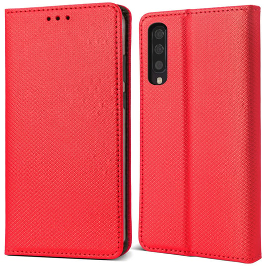 Moozy Etui z klapką do Samsung A50, czerwone - Inteligentne etui z klapką magnetyczną z uchwytem na kartę i stojakiem MOOZY