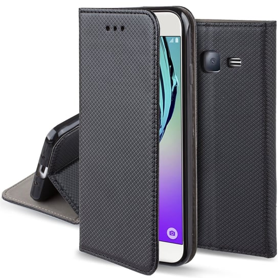 Moozy Etui z klapką do Samsung J3 2016, czarne - Inteligentne etui z klapką magnetyczną z uchwytem na kartę i stojakiem MOOZY