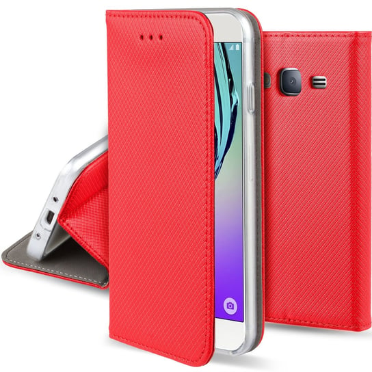 Moozy Etui z klapką do Samsung J3 2016, czerwone - Inteligentne etui z klapką magnetyczną z uchwytem na kartę i stojakiem MOOZY