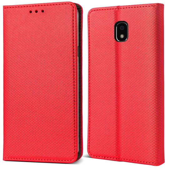 Moozy Etui z klapką do Samsung J3 2017, czerwone - Inteligentne etui z klapką magnetyczną z uchwytem na kartę i stojakiem MOOZY