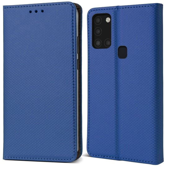 Moozy Etui z klapką do Samsunga A21s, ciemnoniebieskie - Inteligentne etui z klapką magnetyczną z uchwytem na kartę i stojakiem MOOZY