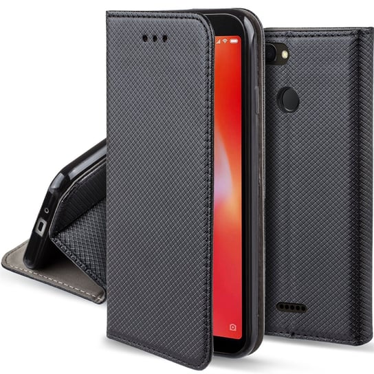 Moozy Etui z klapką do Xiaomi Redmi 6, czarne - Inteligentne etui z klapką magnetyczną z uchwytem na kartę i stojakiem MOOZY