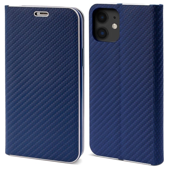 Moozy Etui z portfelem do iPhone'a 12, iPhone'a 12 Pro, ciemnoniebieskie włókno węglowe - metaliczna ochrona krawędzi Zapinana na magnes, klapka z uchwytem na kartę MOOZY