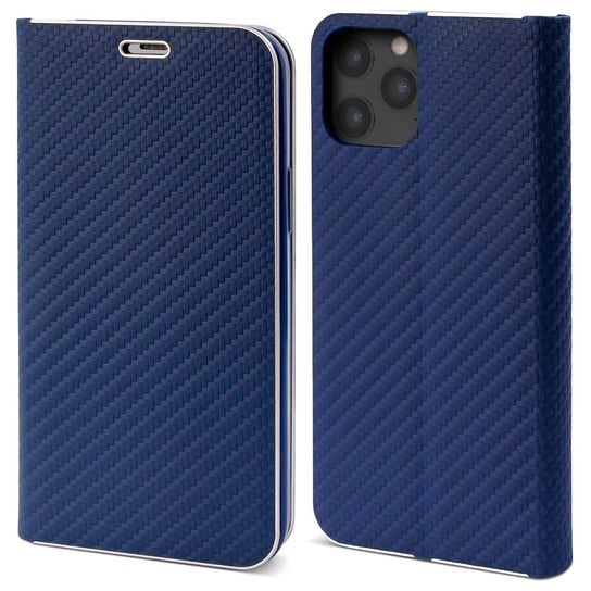 Moozy Etui z portfelem do iPhone'a 12 Pro Max, ciemnoniebieskie włókno węglowe - metaliczna ochrona krawędzi Zapinane na magnetyczne etui z klapką i uchwytem na kartę MOOZY