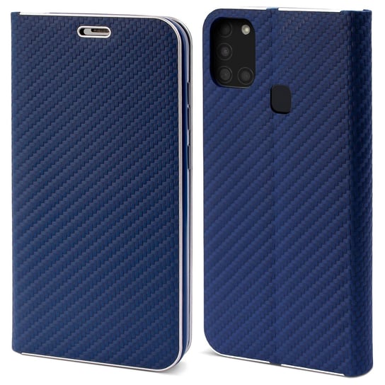 Moozy Etui z portfelem do Samsung A21s, ciemnoniebieski karbon – metaliczna ochrona krawędzi, magnetyczne zamknięcie, klapka z uchwytem na kartę MOOZY