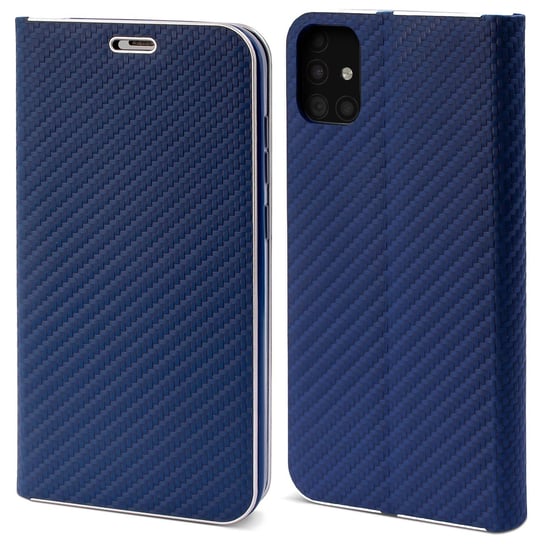 Moozy Etui z portfelem do Samsung A51, ciemnoniebieski karbon – metaliczna ochrona krawędzi, magnetyczne zamknięcie, klapka z uchwytem na kartę MOOZY