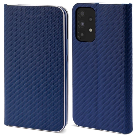 Moozy Etui z portfelem do Samsung A53 5G, ciemnoniebieskie karbonowe – etui z klapką z metalowym obramowaniem, zamykane na magnes, z uchwytem na kartę i funkcją podpórki MOOZY