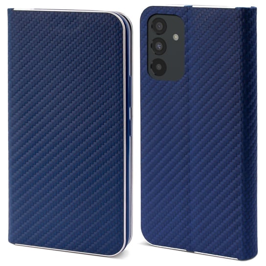 Moozy Etui z portfelem do Samsung A54 5G, ciemnoniebieskie włókno węglowe – etui z klapką z metalową krawędzią, zamykane na magnes, z uchwytem na kartę i funkcją podpórki MOOZY