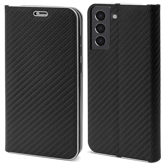 Moozy Etui z portfelem do Samsung S21 5G i 4G, Black Carbon – Etui z klapką z metalowym obramowaniem Zamykane magnetycznie Etui z klapką z uchwytem na kartę i funkcją podpórki MOOZY