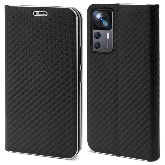 Moozy Etui z portfelem do Xiaomi 12T i 12T Pro, Black Carbon – Etui z klapką z metalowym obramowaniem Zamykane magnetycznie Etui z klapką z uchwytem na kartę i funkcją podpórki MOOZY