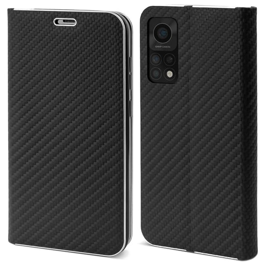 Moozy Etui z portfelem do Xiaomi Mi 10T 5G i Mi 10T Pro 5G, Black Carbon – Metaliczna ochrona krawędzi, Magnetyczne zapięcie, Klapka z uchwytem na kartę MOOZY