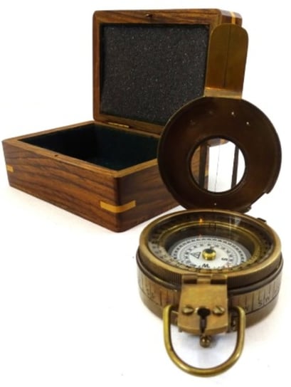 Mosiężny kompas militarny - inżynierski w drewnianym pudełku Kemis - House of Gadgets