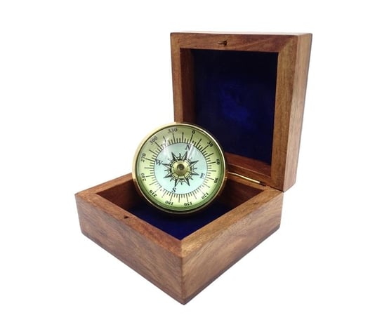 Mosiężny kompas soczewkowy w pudełku drewnianym House of Gadgets