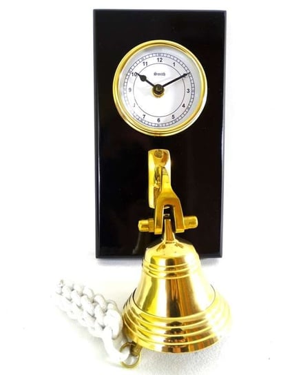 Mosiężny zegar i dzwon na drewnianej podstawie GIFTDECO