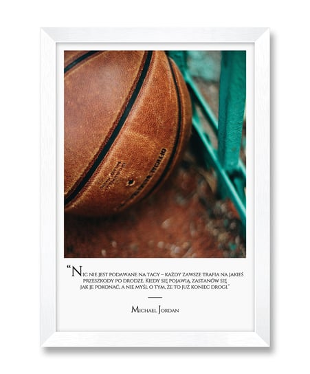 Motywacyjny obraz sportowy plakat na ścianę piłka koszykówka Michael Jordan biała rama 23,5x32 cm iWALL studio