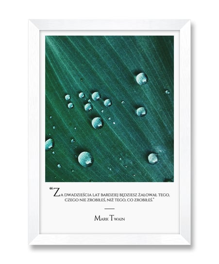 Motywacyjny obrazek do kuchni z napisem na prezent liście krople deszczu rosa Mark Twain biała rama 23,5x32 cm iWALL studio