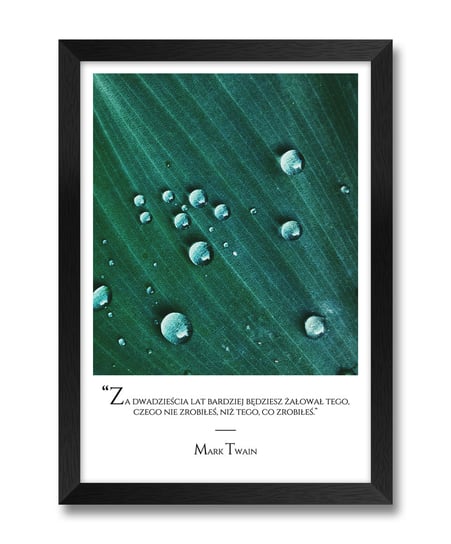 Motywacyjny obrazek do kuchni z napisem na prezent liście krople deszczu rosa Mark Twain czarna rama 23,5x32 cm iWALL studio