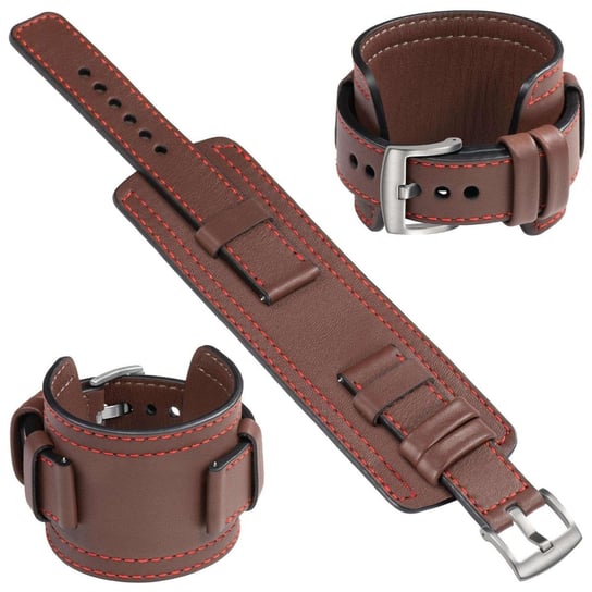 moVear Cw1 22mm Szeroki skórzany pasek do zegarka / smartwatcha | Brązowy z czerwonym przeszyciem, rozmiar M/L moVear