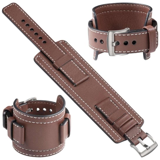 moVear Cw1 22mm Szeroki skórzany pasek do zegarka / smartwatcha | Brązowy ze srebrnym przeszyciem, rozmiar M/L moVear